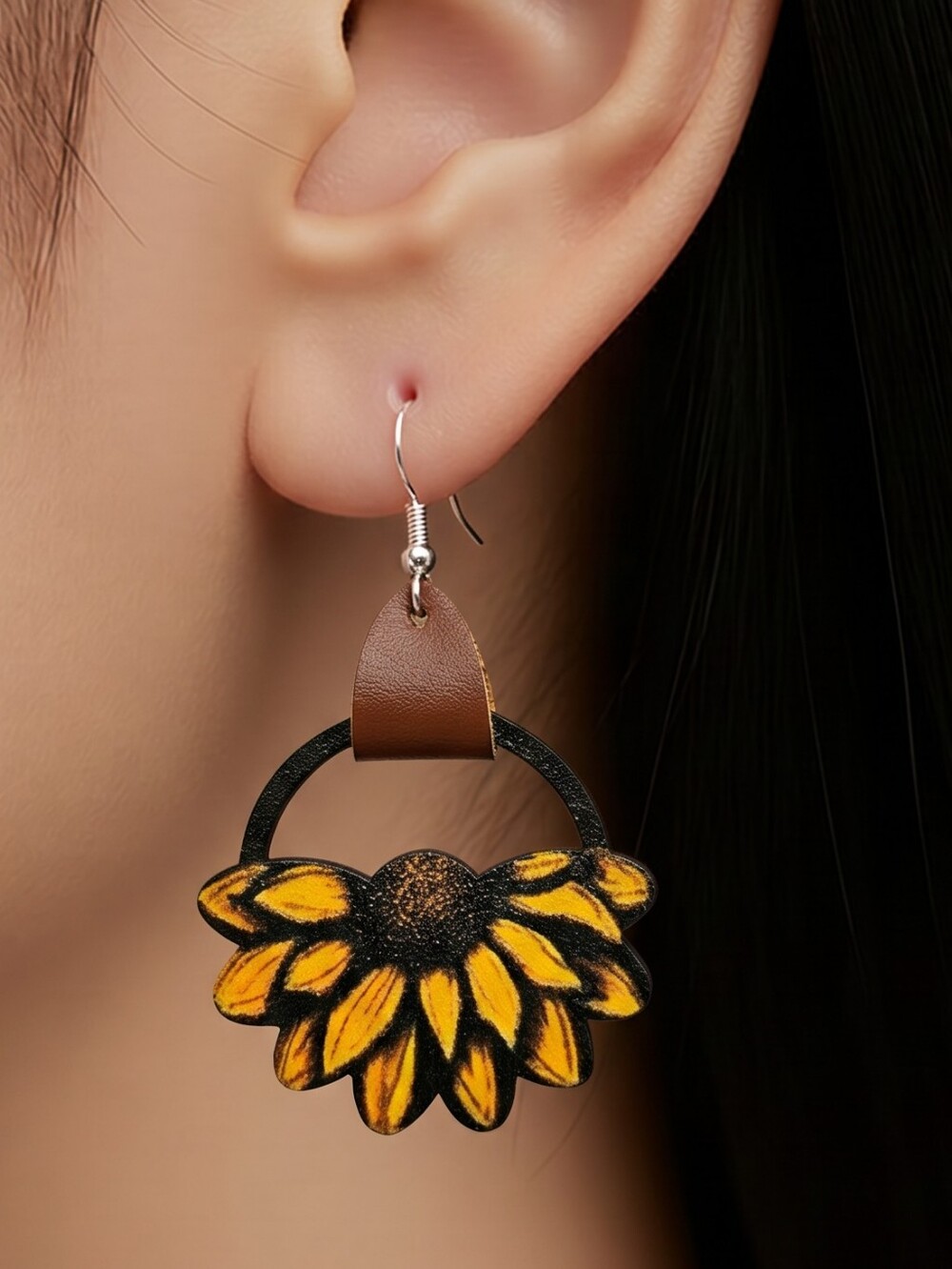 Sunflower Wooden Hoop Earrings Boho Cottagecore Floral Western Cowgirl Dangle